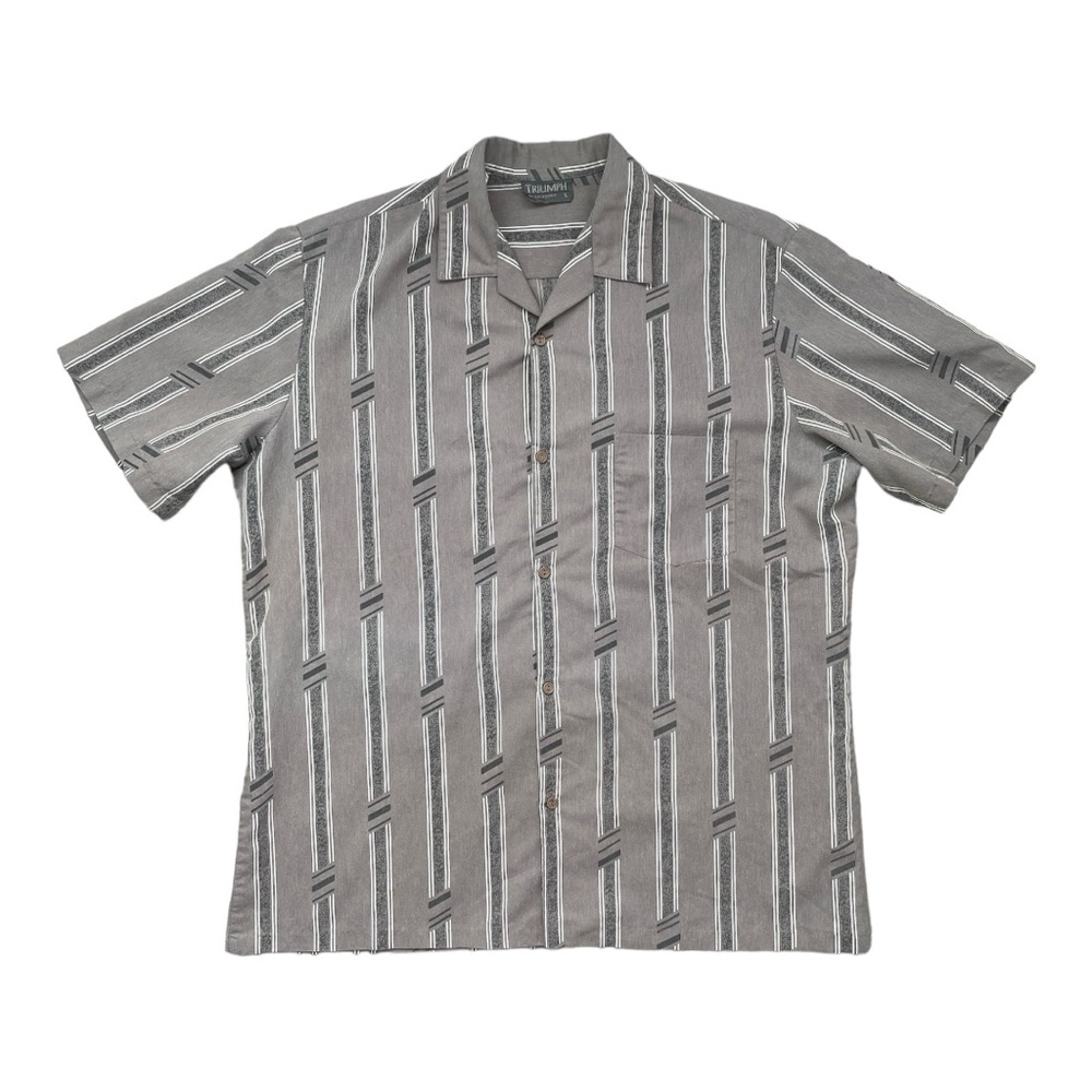 Triumph of California Short Sleeve Button Down Shirt, Gray Striped, Size Large